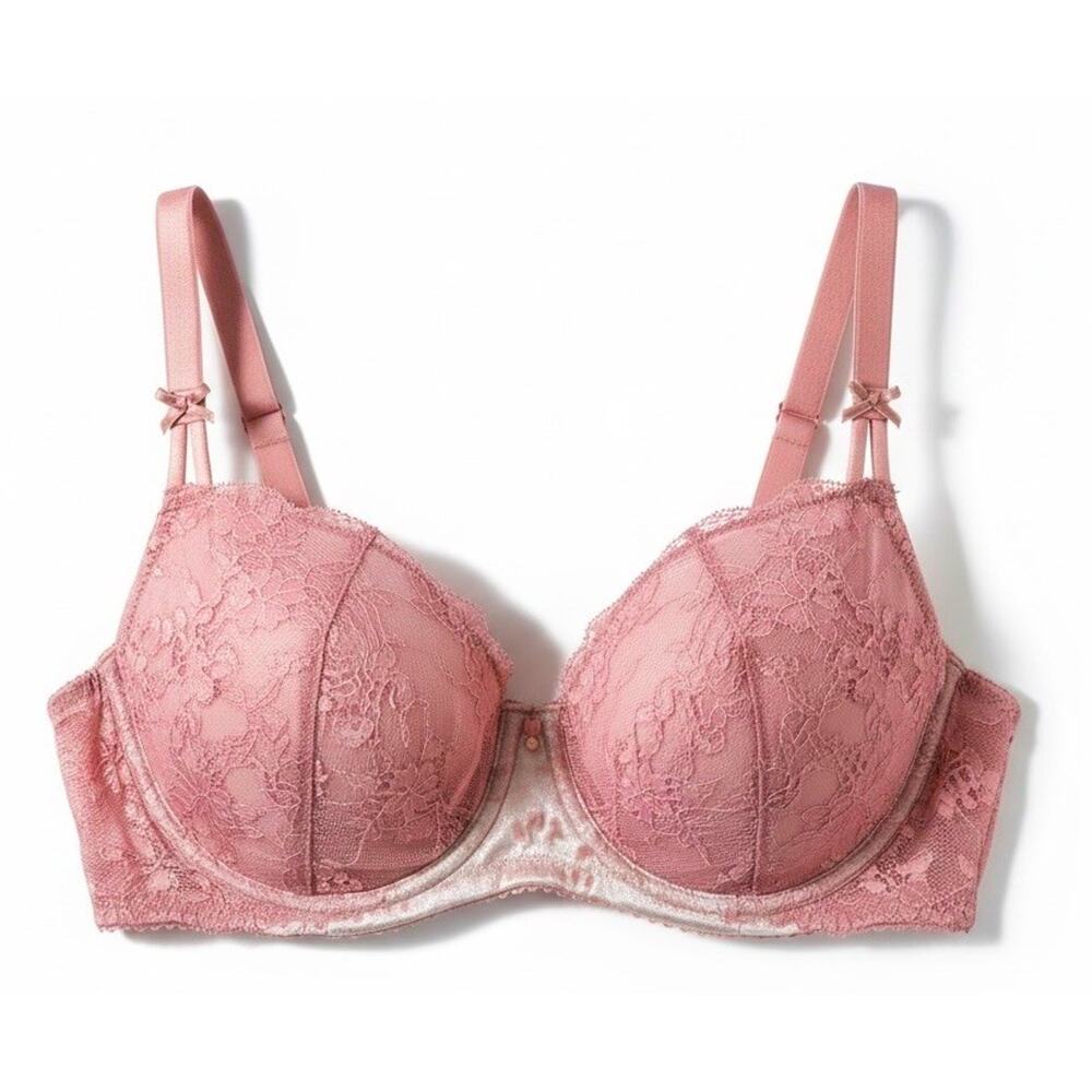 Victoria's Secret Velvet Bra Pink Push-up w/out Padding Lace Floral Lined 34 DDD